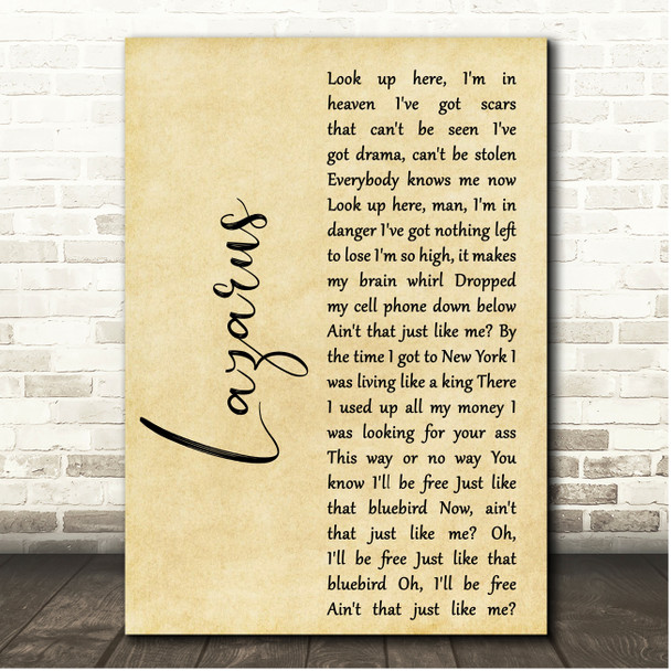 David Bowie Lazarus Rustic Script Song Lyric Print