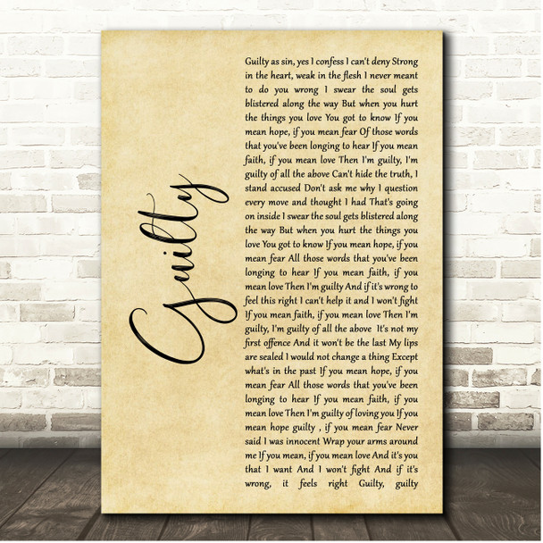Def Leppard Guilty Rustic Script Song Lyric Print