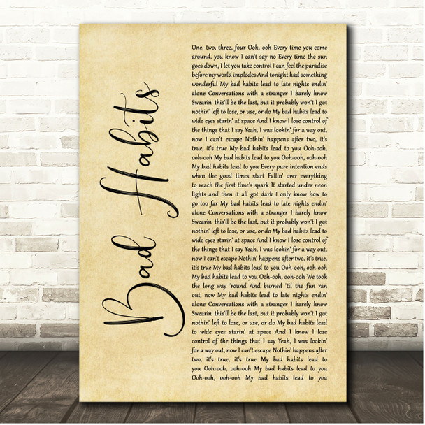 Ed Sheeran Bad Habits Rustic Script Song Lyric Print