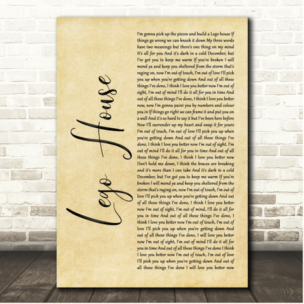 Ed Sheeran Lego House Rustic Script Song Lyric Print