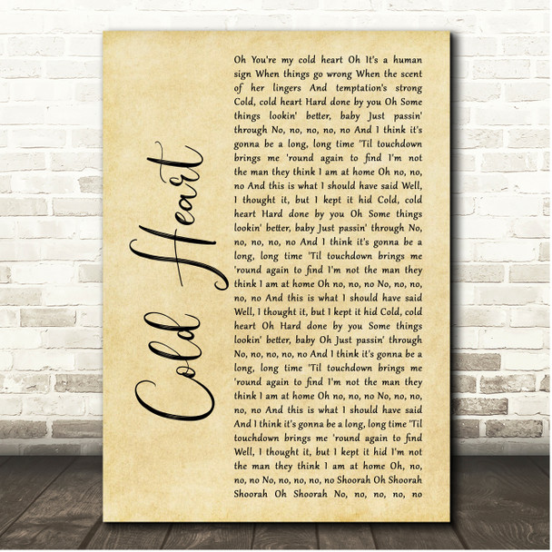Elton John & Dua Lipa Cold Heart Rustic Script Song Lyric Print