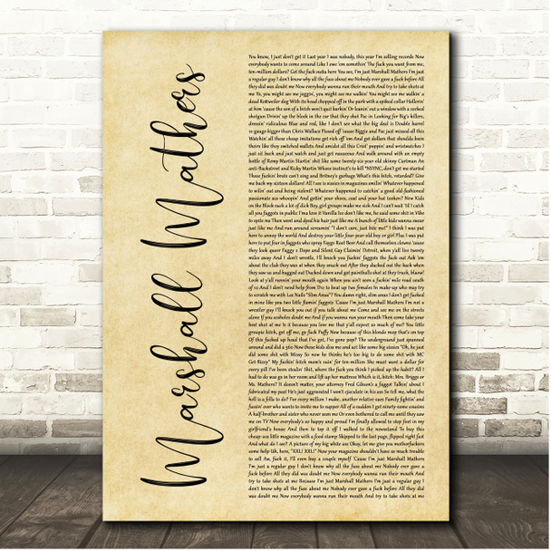 Eminem Marshall Mathers Rustic Script Song Lyric Print