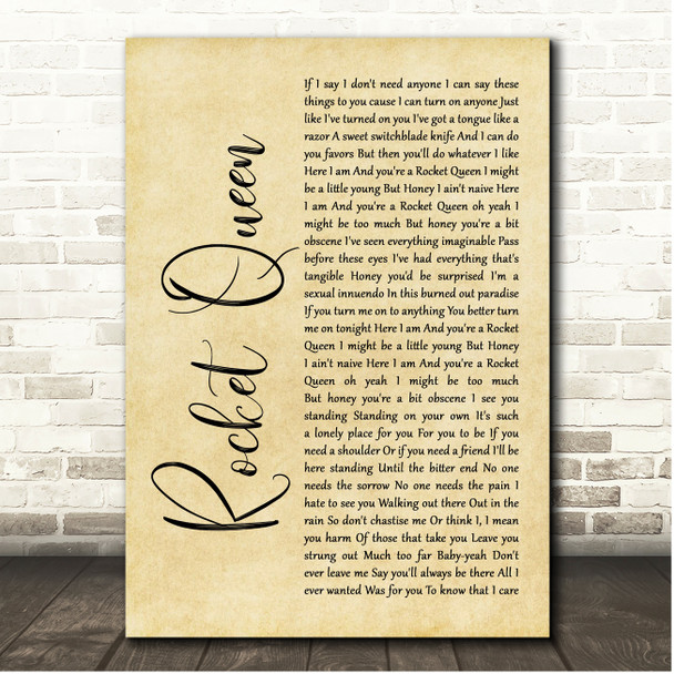Guns N' Roses Rocket Queen Rustic Script Song Lyric Print