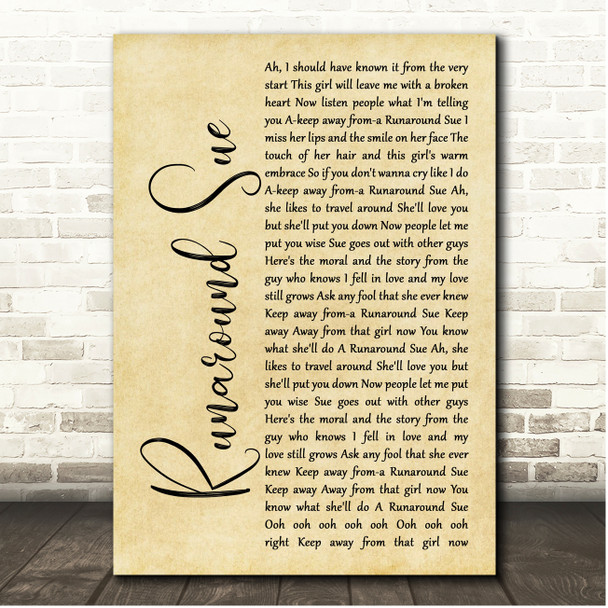 John Cafferty & The Beaver Brown Band Runaround Sue Rustic Script Song Lyric Print