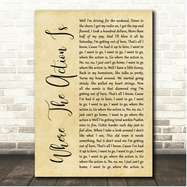 John Cafferty & The Beaver Brown Band Where The Action Is Rustic Script Song Lyric Print