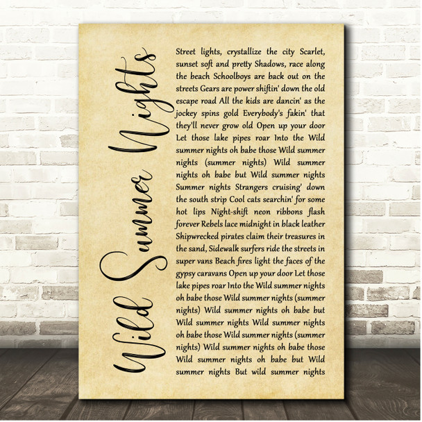 John Cafferty & The Beaver Brown Band Wild Summer Nights Rustic Script Song Lyric Print
