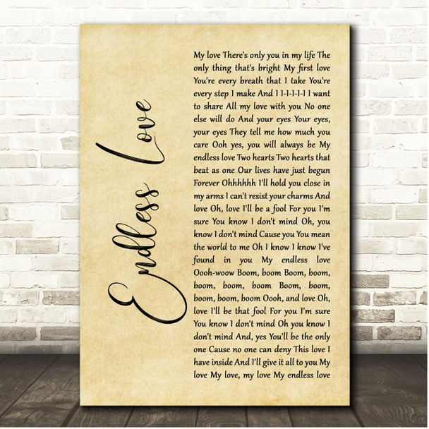 Lionel Richie & Diana Ross Endless Love Rustic Script Song Lyric Print