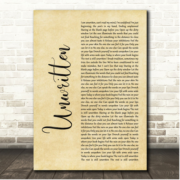 Natasha Bedingfield Unwritten Rustic Script Song Lyric Print