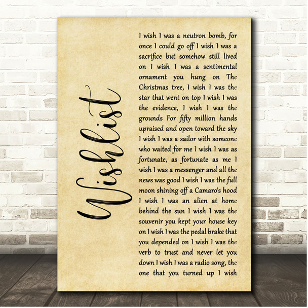 Pearl Jam Wishlist Rustic Script Song Lyric Print