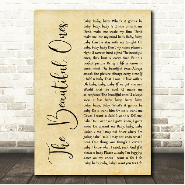 Prince And The Revolution The Beautiful Ones Rustic Script Song Lyric Print