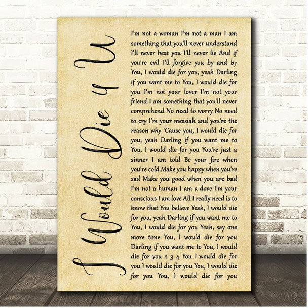 Prince I Would Die 4 U Rustic Script Song Lyric Print