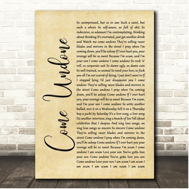 Robbie Williams Come Undone Rustic Script Song Lyric Print