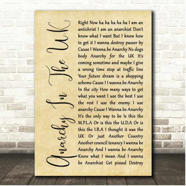 Sex Pistols Anarchy In The U.K. Rustic Script Song Lyric Print