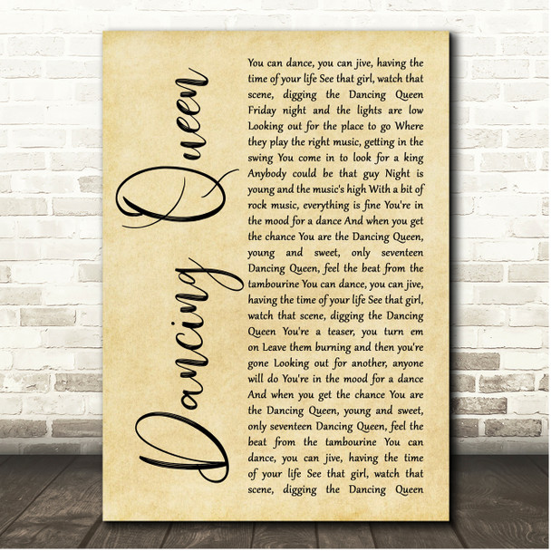 ABBA Dancing Queen Rustic Script Song Lyric Print