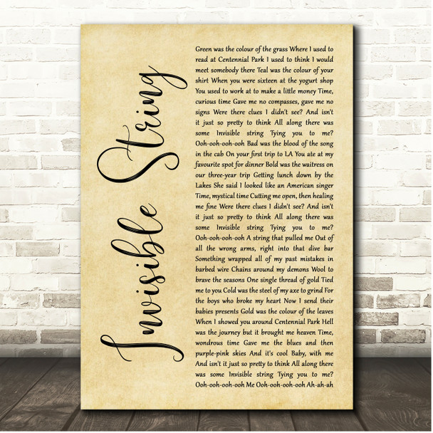 Taylor Swift Invisible String Rustic Script Song Lyric Print