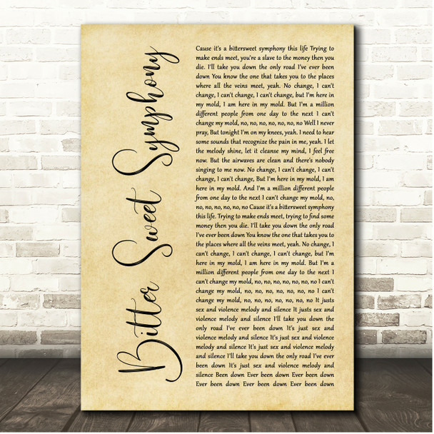 The Verve Bitter Sweet Symphony Rustic Script Song Lyric Print