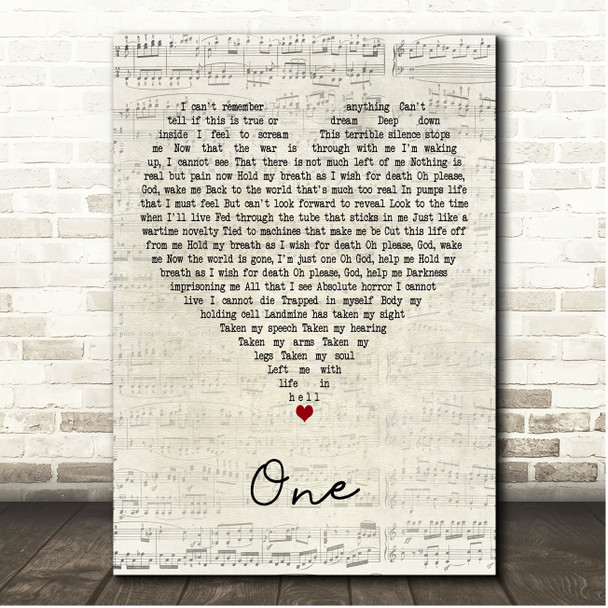 Metallica One Script Heart Song Lyric Print