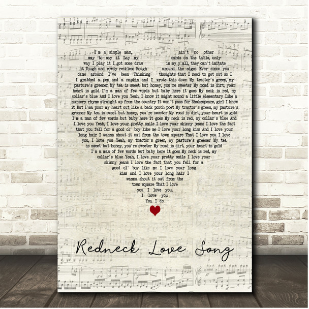 Morgan Wallen Redneck Love Song Script Heart Song Lyric Print