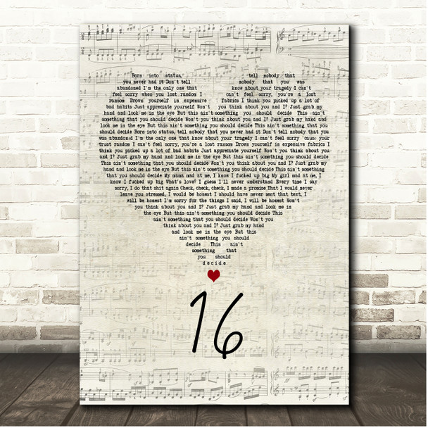 Baby Keem 16 Script Heart Song Lyric Print