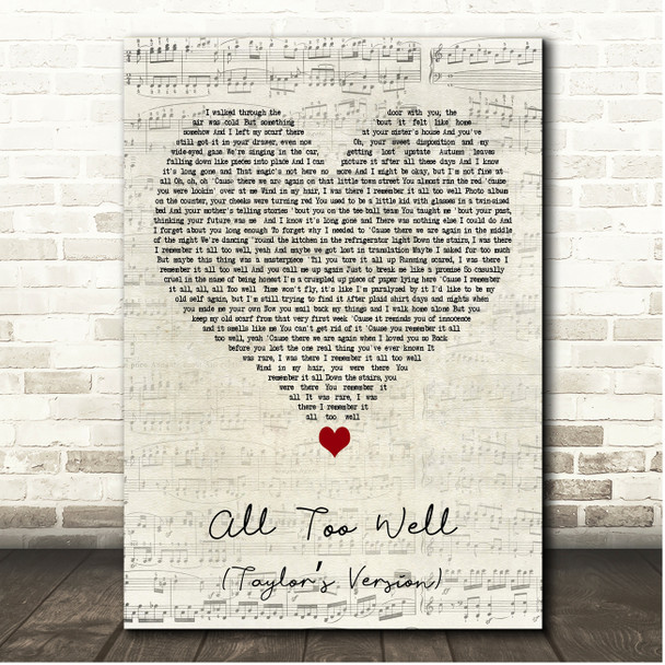 Taylor Swift All Too Well (Taylors Version) Script Heart Song Lyric Print