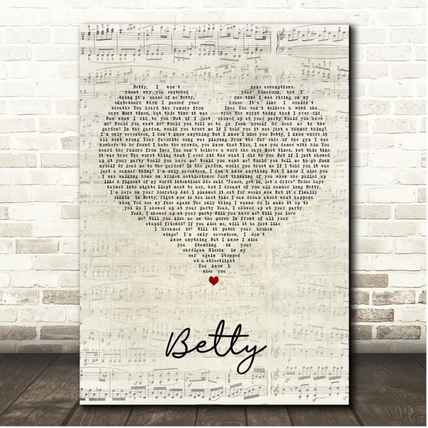 Taylor Swift Betty Script Heart Song Lyric Print