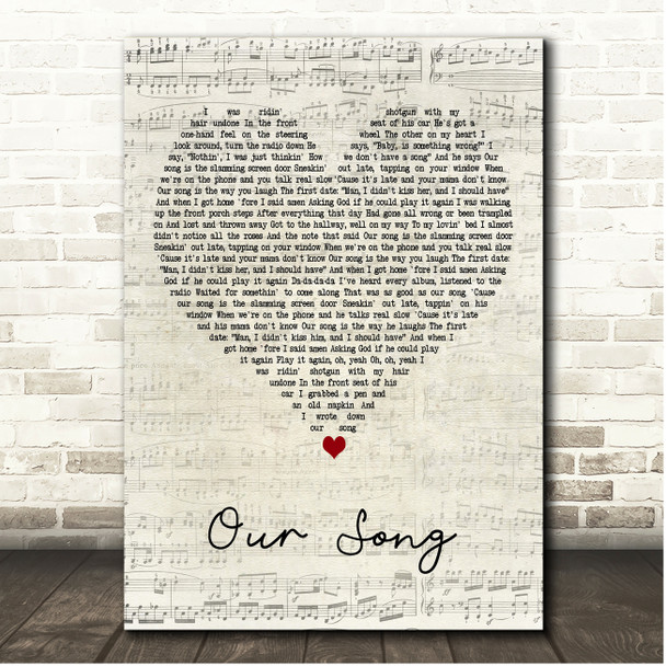 Taylor Swift Our Song Script Heart Song Lyric Print