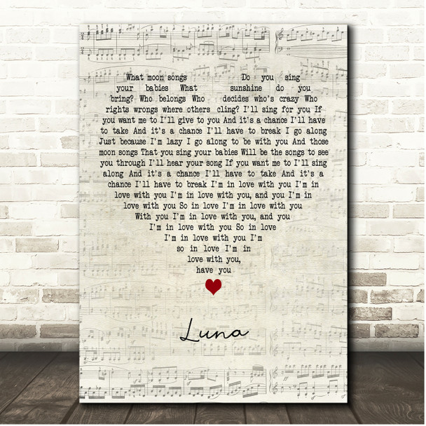 The Smashing Pumpkins Luna Script Heart Song Lyric Print