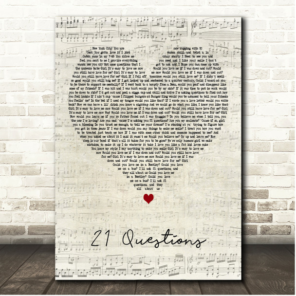 50 Cent 21 Questions Script Heart Song Lyric Print