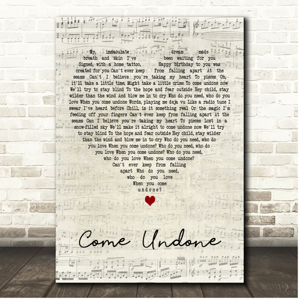 Duran Duran Come Undone Script Heart Song Lyric Print