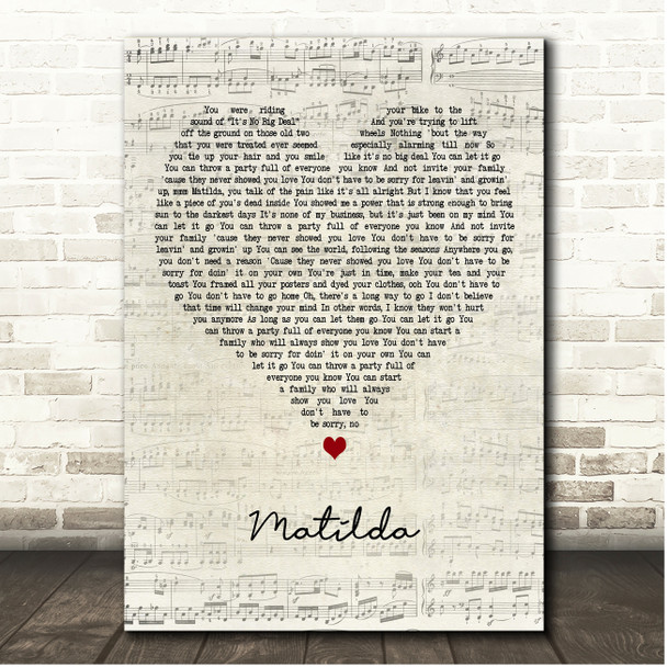 Harry Styles Matilda Script Heart Song Lyric Print