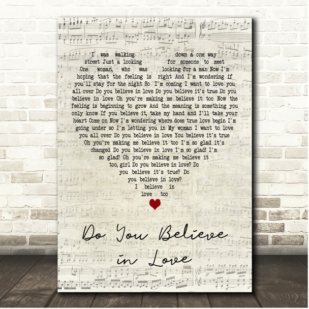 Huey Lewis & The News Do You Believe in Love Script Heart Song Lyric Print