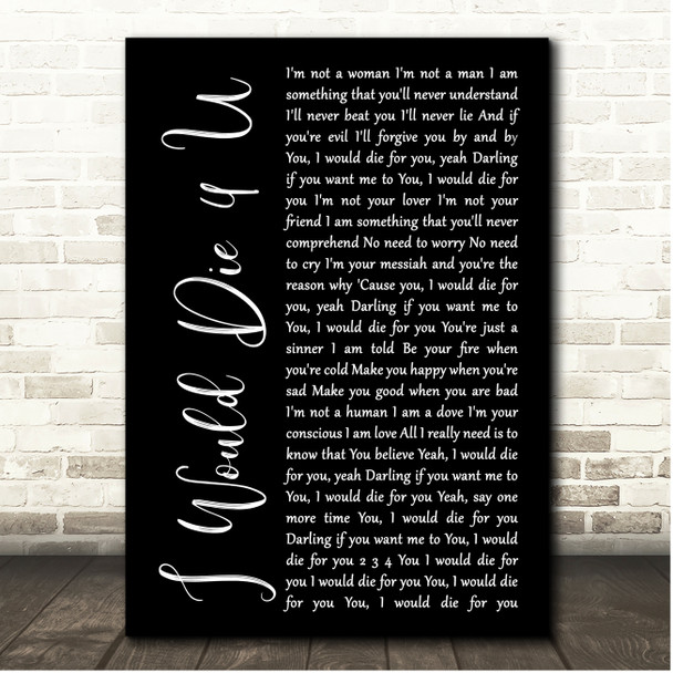 Prince I Would Die 4 U Black Script Song Lyric Print
