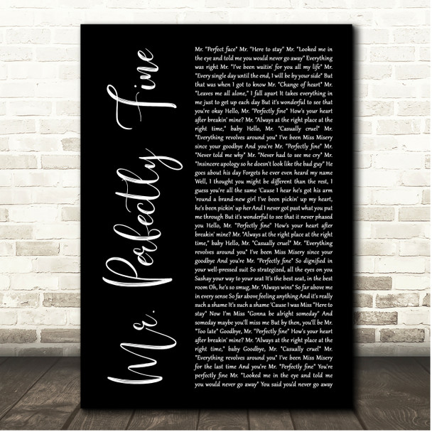 Taylor Swift Mr. Perfectly Fine (Taylors Version) Black Script Song Lyric Print