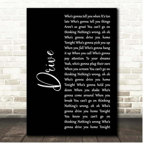 The Cars Drive Black Script Song Lyric Print