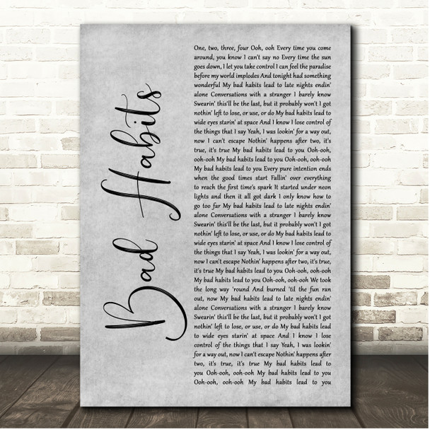 Ed Sheeran Bad Habits Grey Rustic Script Song Lyric Print