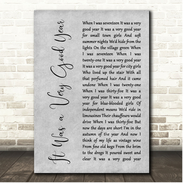 Frank Sinatra It Was a Very Good Year Grey Rustic Script Song Lyric Print