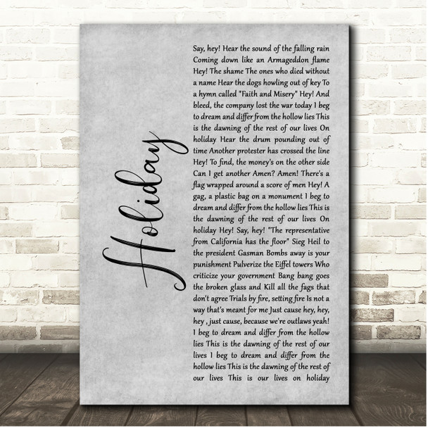 Green Day Holiday Grey Rustic Script Song Lyric Print