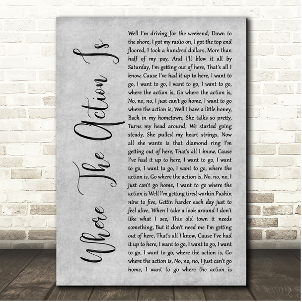 John Cafferty & The Beaver Brown Band Where The Action Is Grey Rustic Script Song Lyric Print