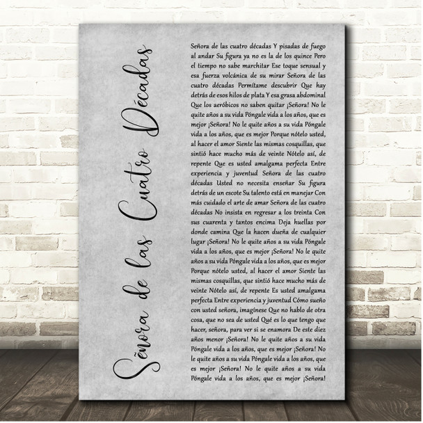 Ricardo Arjona Señora de las Cuatro Décadas Grey Rustic Script Song Lyric Print