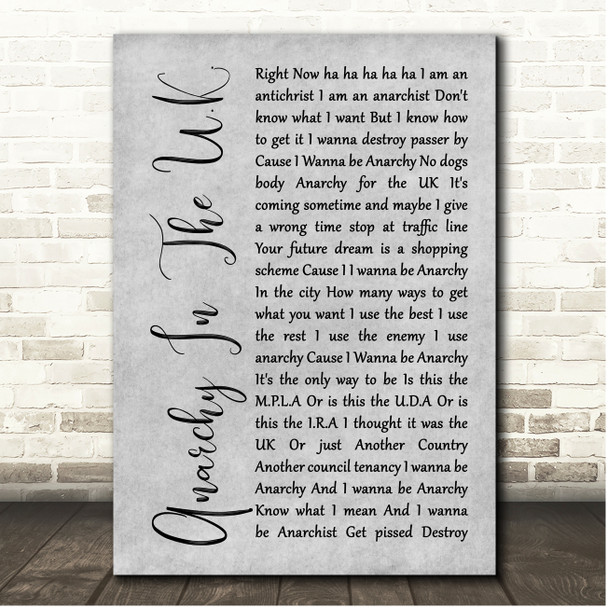 Sex Pistols Anarchy In The U.K. Grey Rustic Script Song Lyric Print