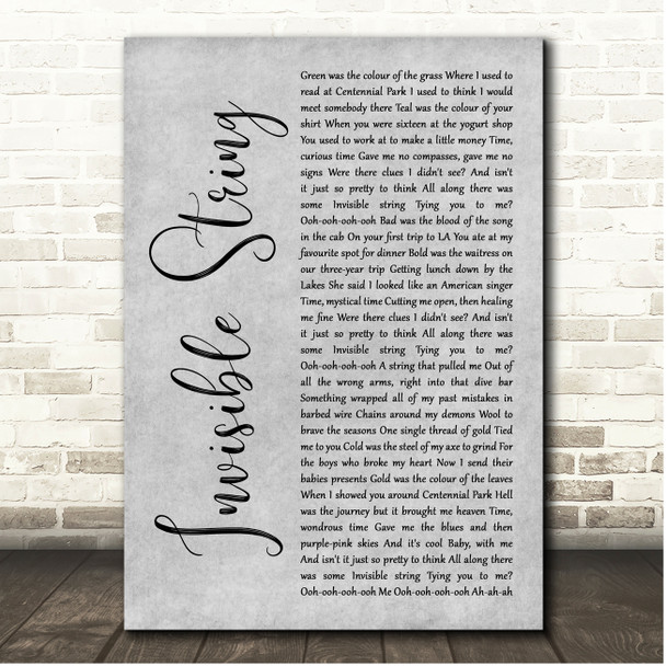 Taylor Swift Invisible String Grey Rustic Script Song Lyric Print