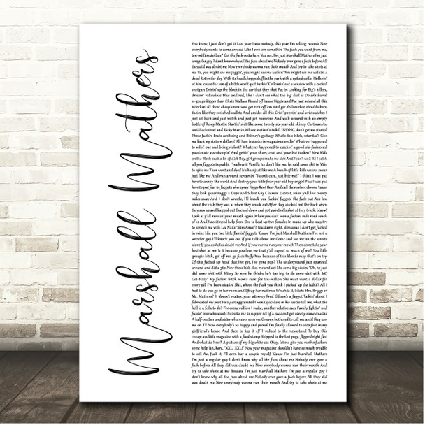 Eminem Marshall Mathers White Script Song Lyric Print