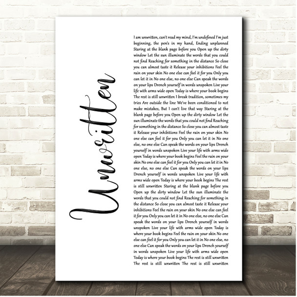 Natasha Bedingfield Unwritten White Script Song Lyric Print