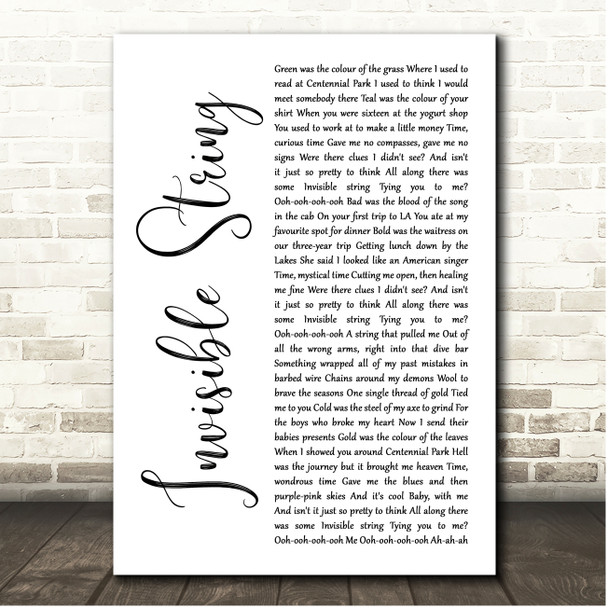 Taylor Swift Invisible String White Script Song Lyric Print