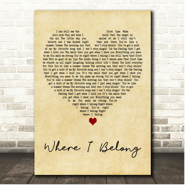 Justin Lee Where I Belong Vintage Heart Song Lyric Print