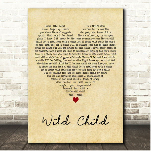 Kenny Chesney Wild Child Vintage Heart Song Lyric Print