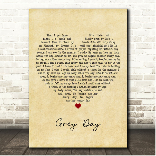 Madness Grey Day Vintage Heart Song Lyric Print