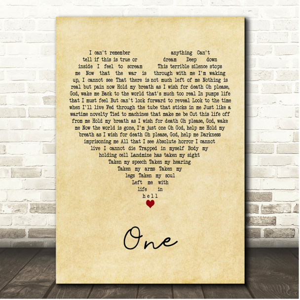 Metallica One Vintage Heart Song Lyric Print