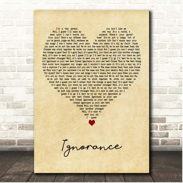 Paramore Ignorance Vintage Heart Song Lyric Print