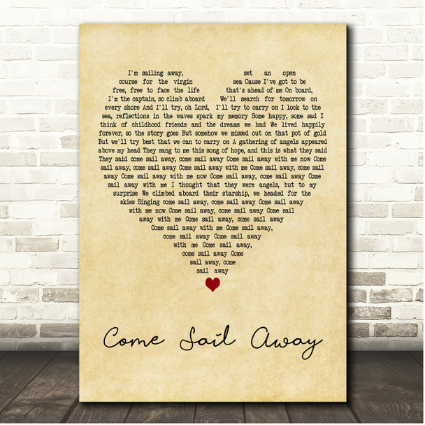 Styx Come Sail Away Vintage Heart Song Lyric Print